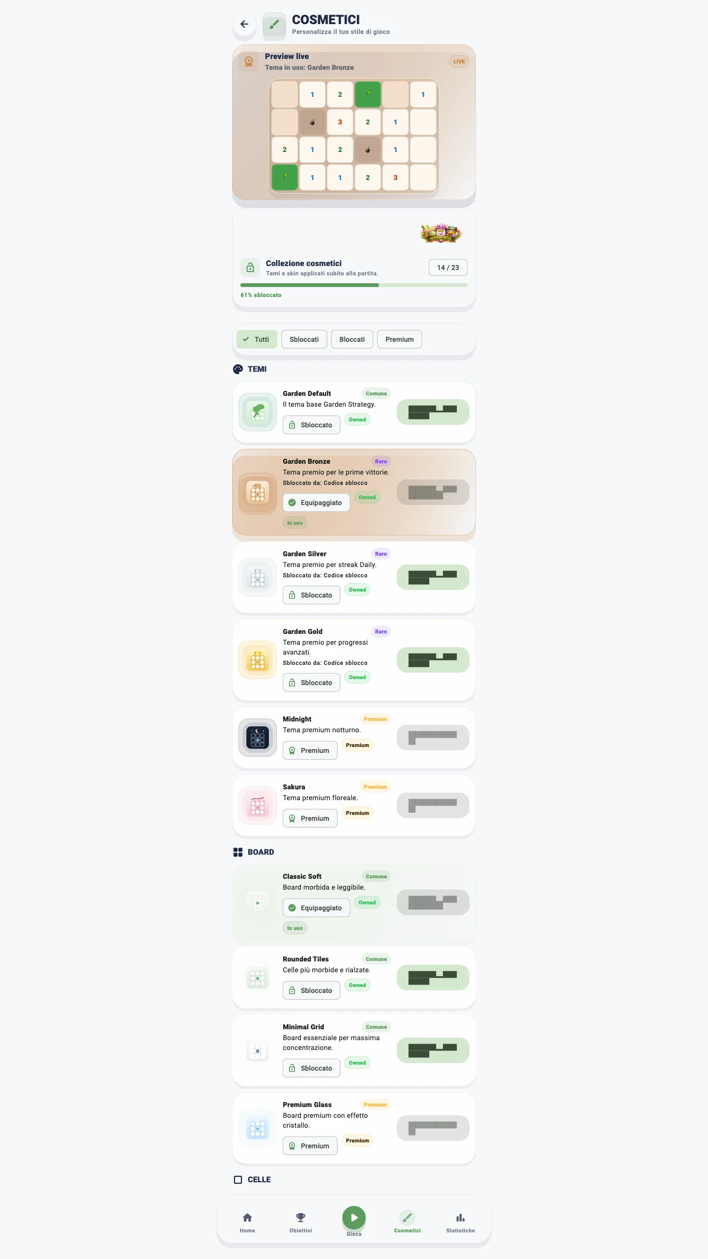 Schermata cosmetici di BloomSweep con temi e personalizzazioni della griglia
