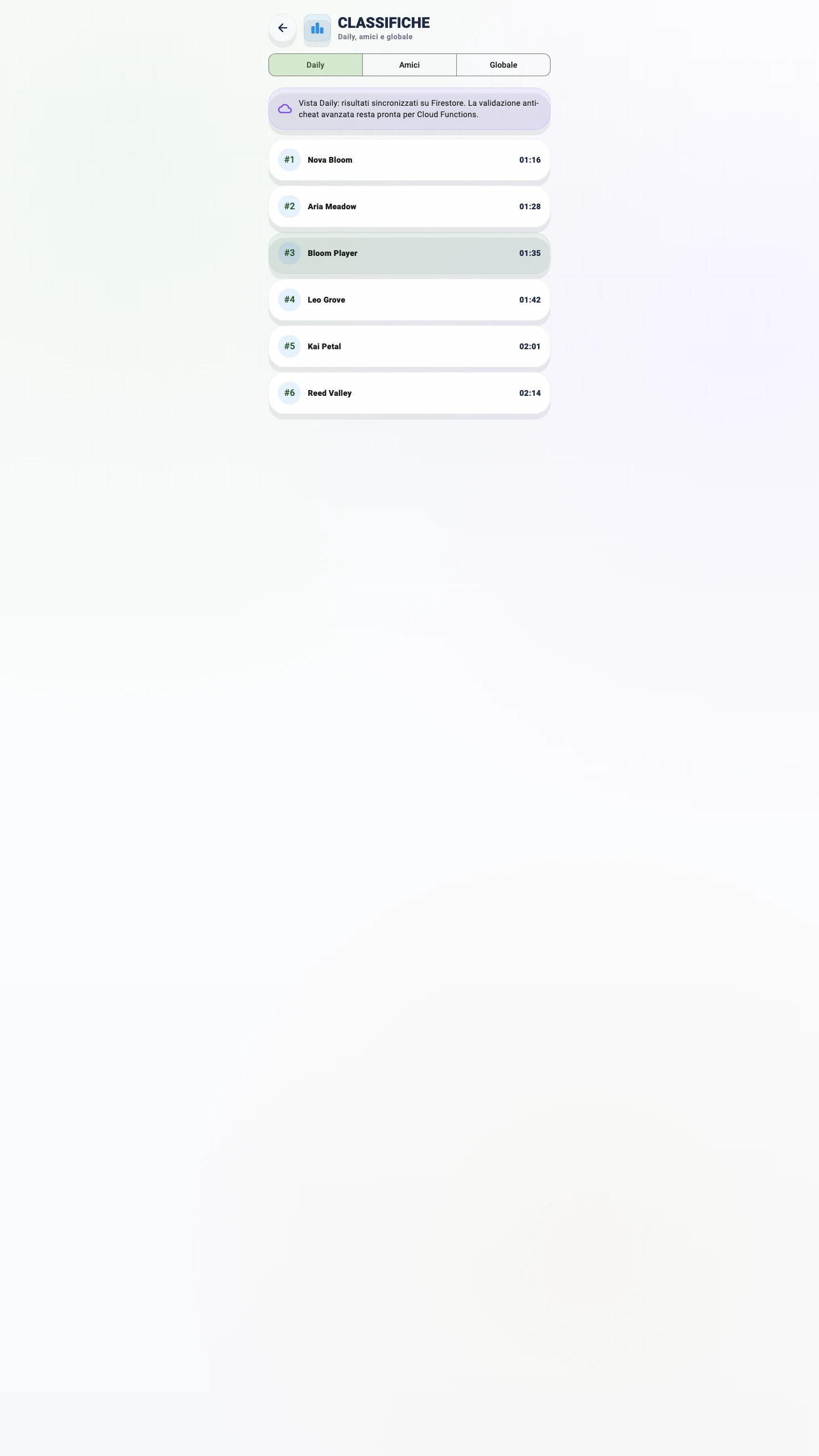 Classifica sociale di BloomSweep con giocatori demo e relativi risultati
