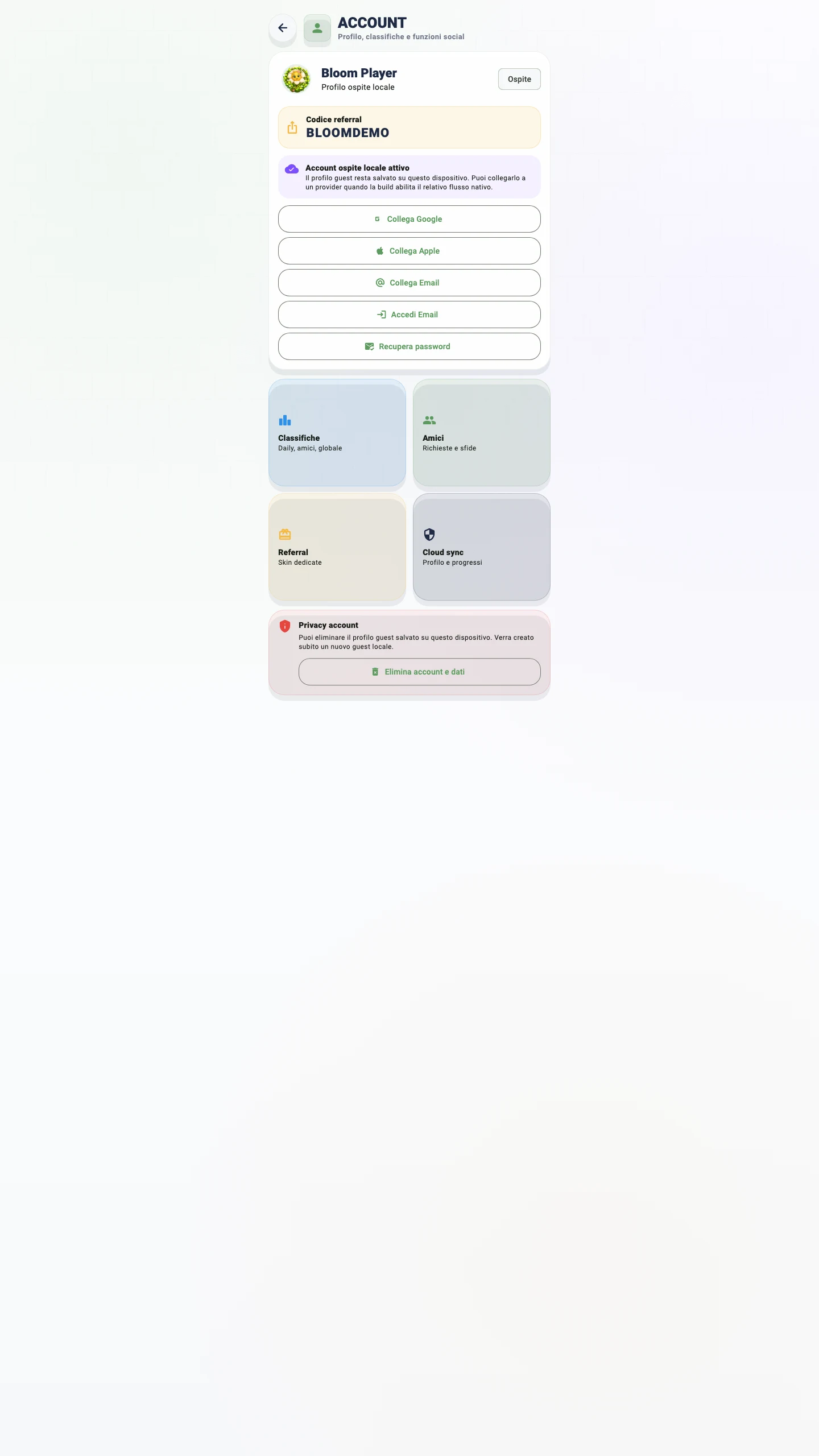 Profilo BloomSweep di un giocatore demo con livello, serie e progressi
